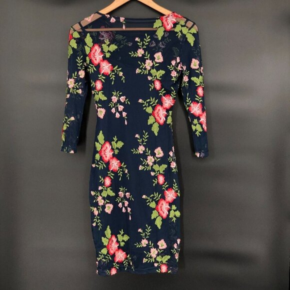 Lulus Mesh Embroidered Floral Bodycon Dress XS Navy 3/4 Sleeves Wedding Guest - Picture 2 of 8